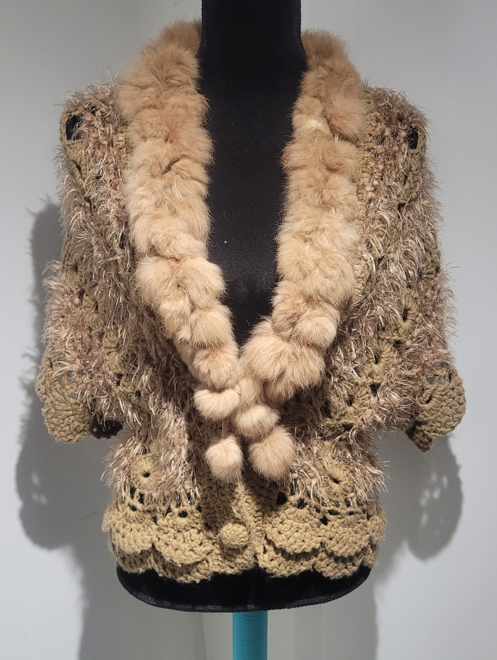 Jeune Jeunesse Women's Crochet Fur Pompom Trim Short Sleeve Cardigan Small Brown